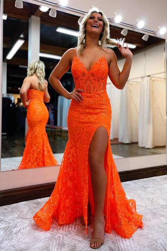 Orange A-Line Evening Dress V Neck with Appliques and Slit