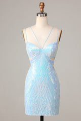 Sparkly Spaghetti Straps Blue Sequins Tight Short Homecoming Dress