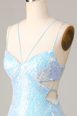 Bodycon Spaghetti Straps Blue Sequins Short Homecoming Dress