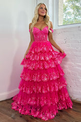 Glitter Hot Pink Corset Off the Shoulder Lace Long Prom Dress