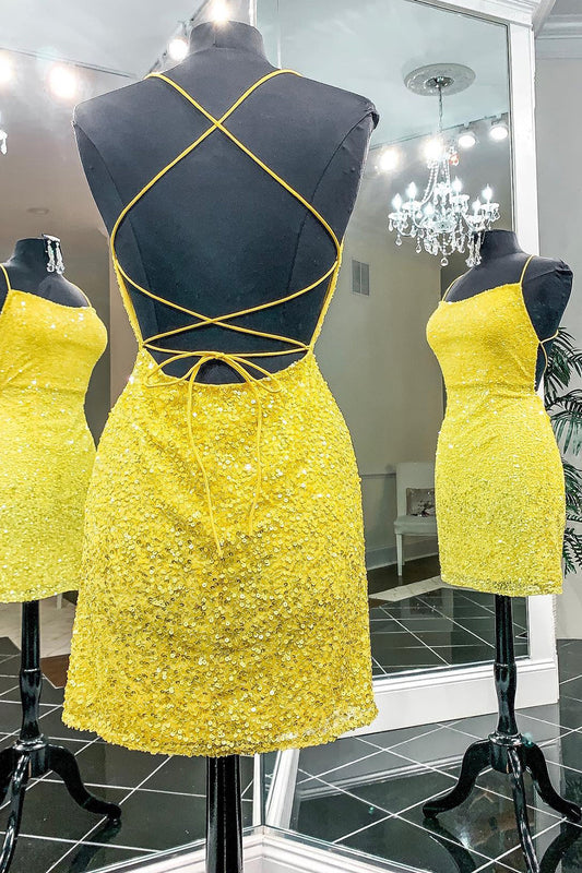 Yellow Sequins Backless Short Homecoming Dress