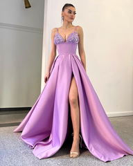 Lavender Spaghetti-Straps Sequins A-Line Evening Dress with Split