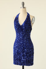 Royal Blue Sequined Halter Neck Cocktail Dress