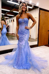 Light Blue Sweetheart Lace-Up Long Mermaid Prom Dress with Appliques