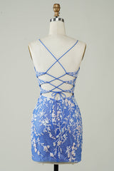 Sheath V Neck Blue Short Homecoming Dress with Appliques Criss Cross Back