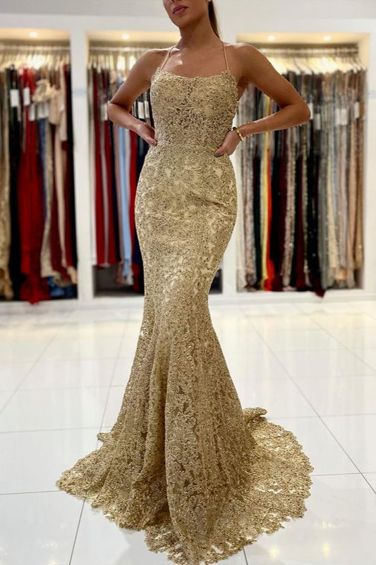 Gold Appliques Mermaid Long Evening Dress