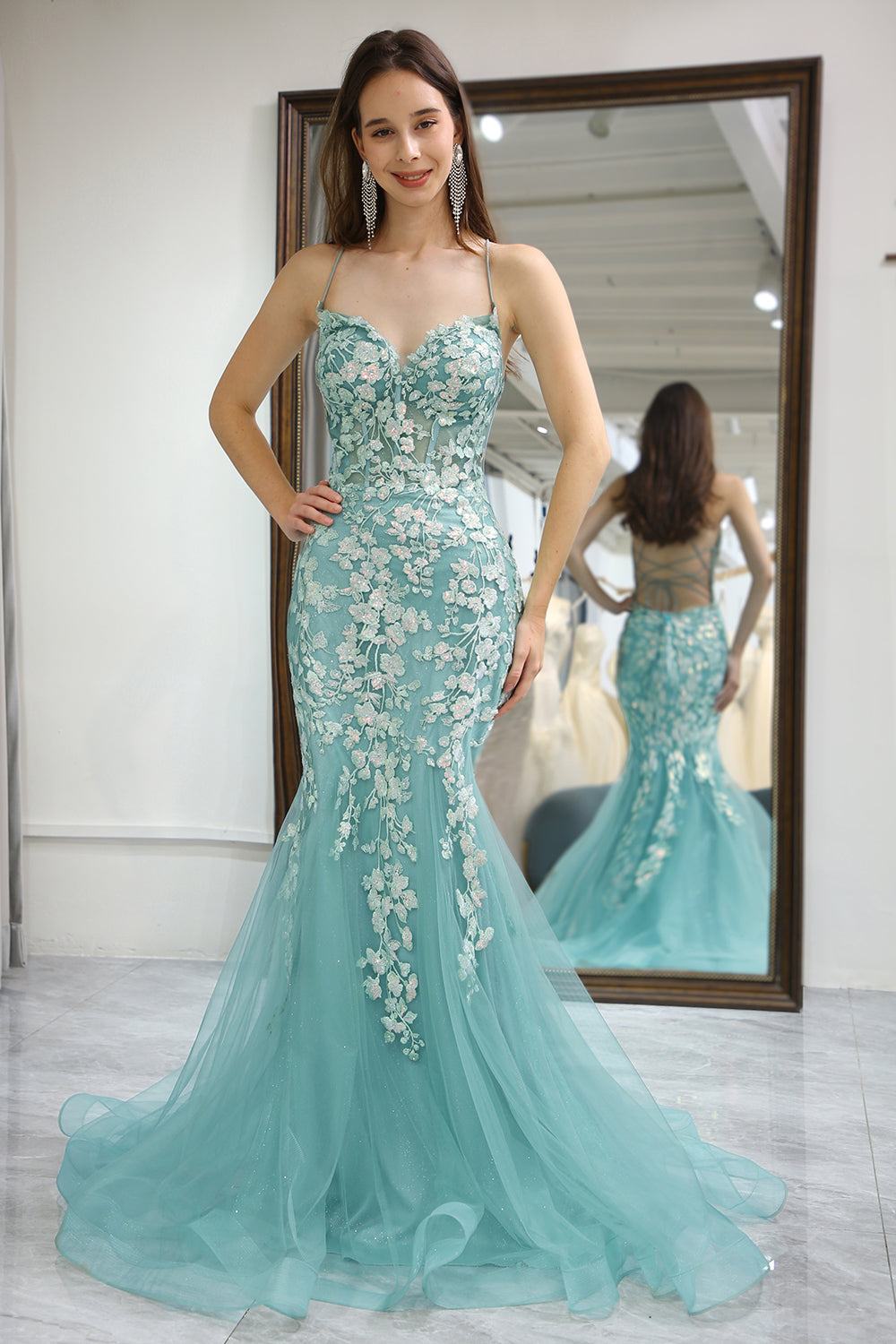 Light Green Mermaid Long Corset Prom Dress With Appliques