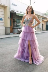 Mauve A Line Appliques Long Corset Tiered Prom Dress With Slit