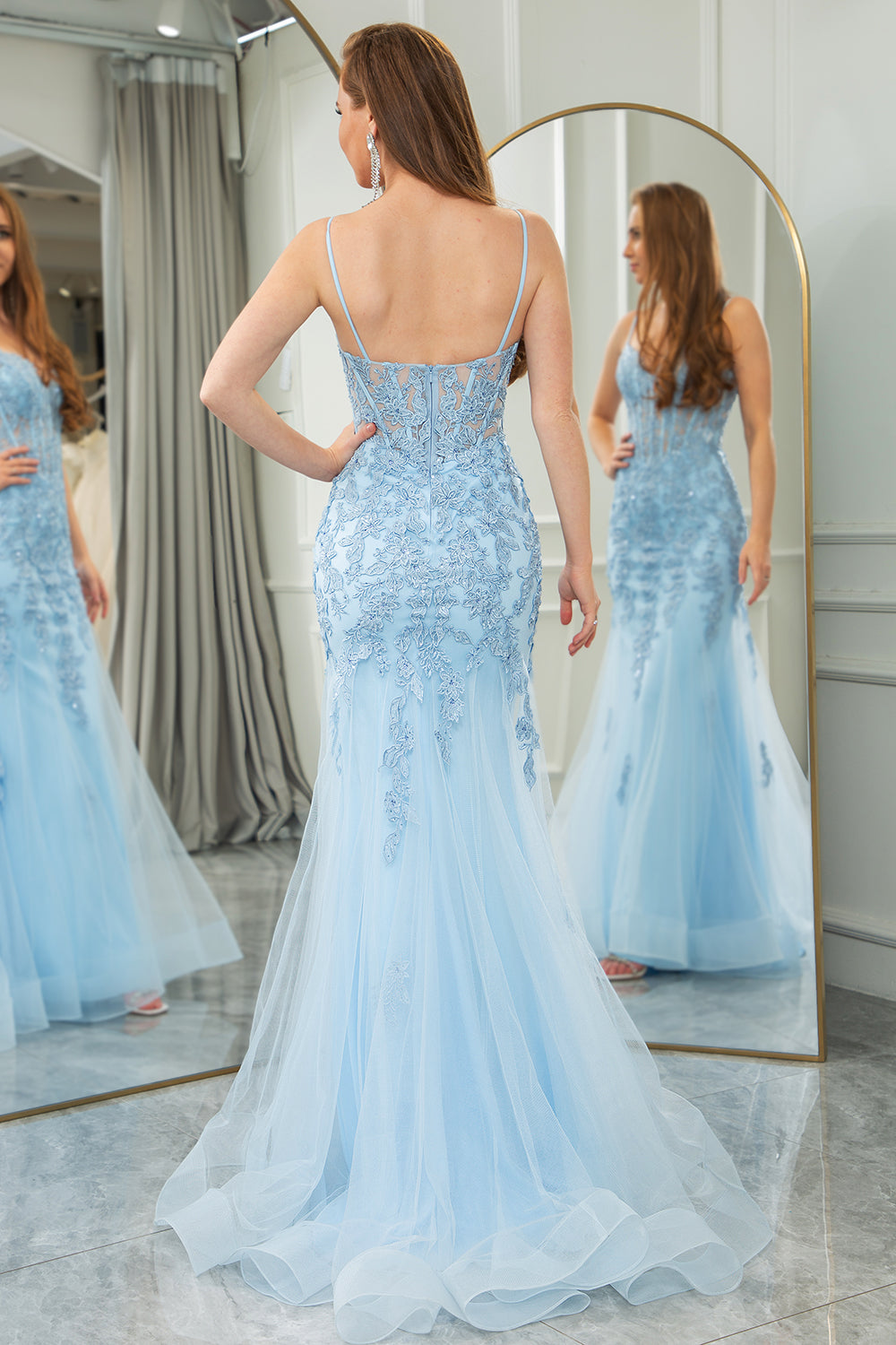 Light Blue Mermaid Backless Appliqued Long Corset Prom Dress With Slit