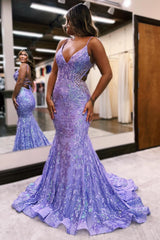 Sparkly Blue Mermaid Sequins Long Backless Prom Dress