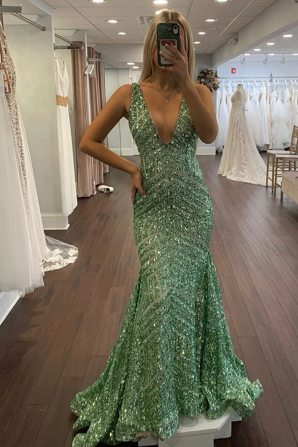 Orange Sparkly Deep V Neck Sequin Mermaid Prom Dress