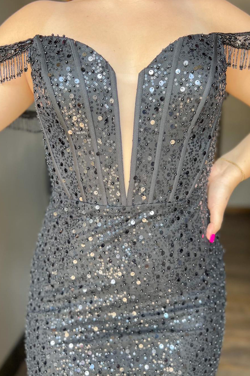 Sparkly Black Beaded Corset Sequins Fringed Tight Homecoming Dress