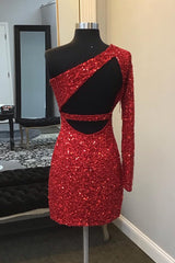 Sparkly Red One Shoulder Backless Sequins Fringed Tight Short Homecoming Dress