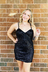 Sparkly Black Spaghetti Straps Fringed Tight Short Homecoming Dress