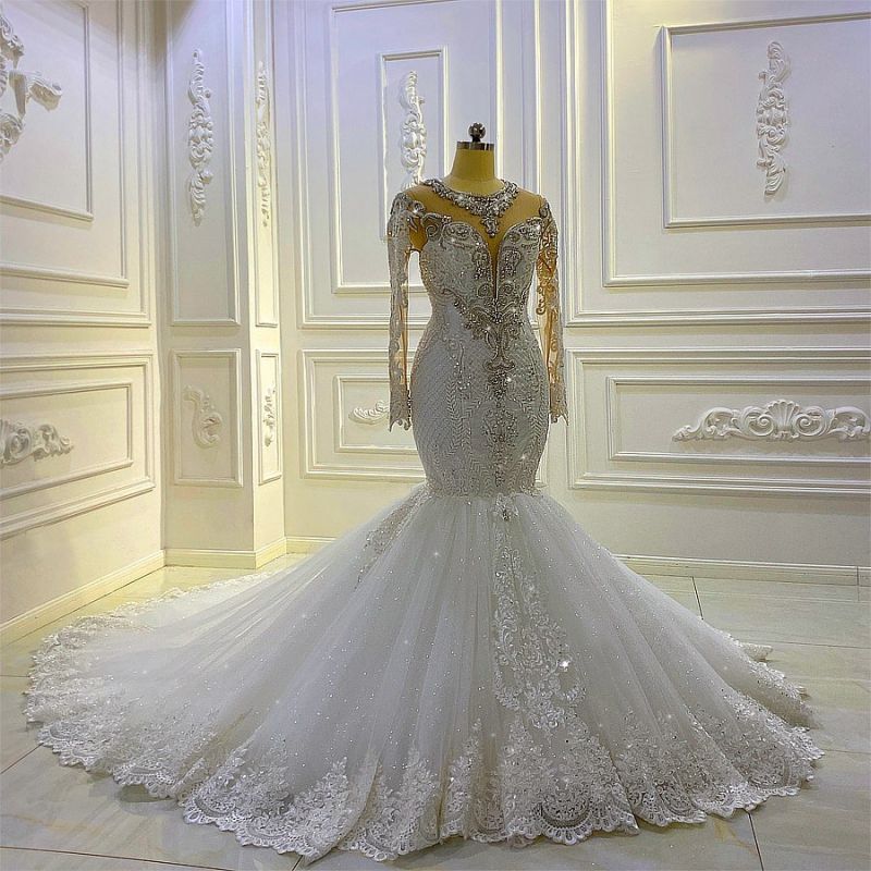 Jewel Neck Long Sleeve Mermaid Wedding Dress with Beading and Appliques