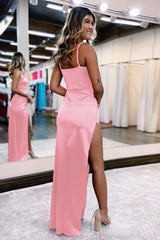 Hot Pink Satin V-Neck Simple Prom Dress with Slit