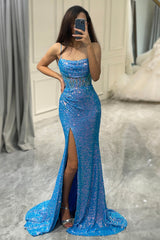 Glitter Blue Mermaid Square Neck Long Prom Dress With Slit