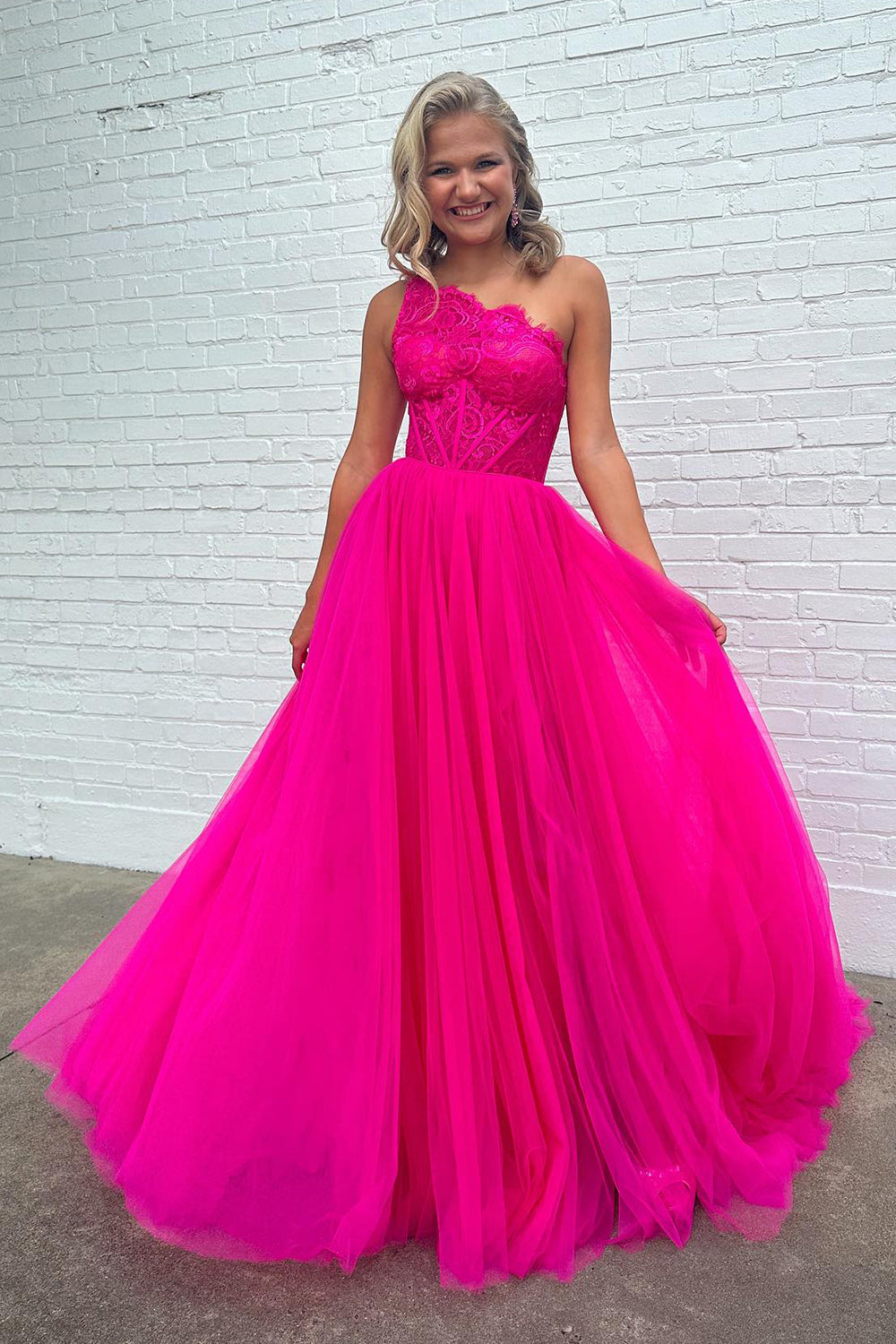 Hot Pink Detachable Long Sleeves A-Line Tulle Long Prom Dress with Lace