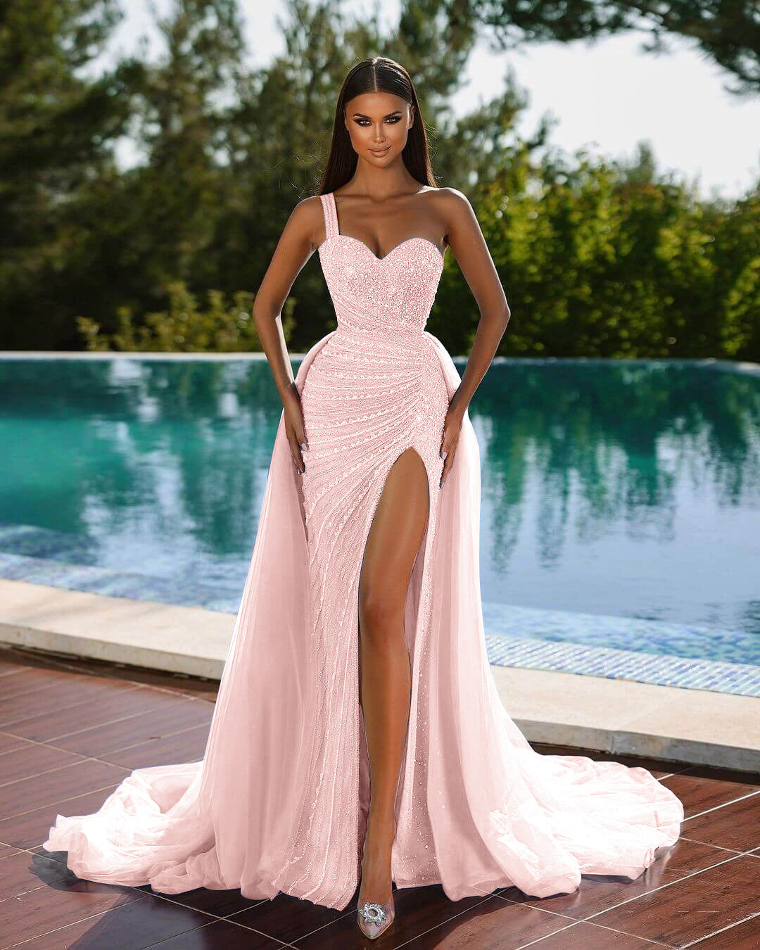 Gorgeous One Shoulder Sleeveless Mermaid Split Evening Dress Sequins with Tulle Overskirt