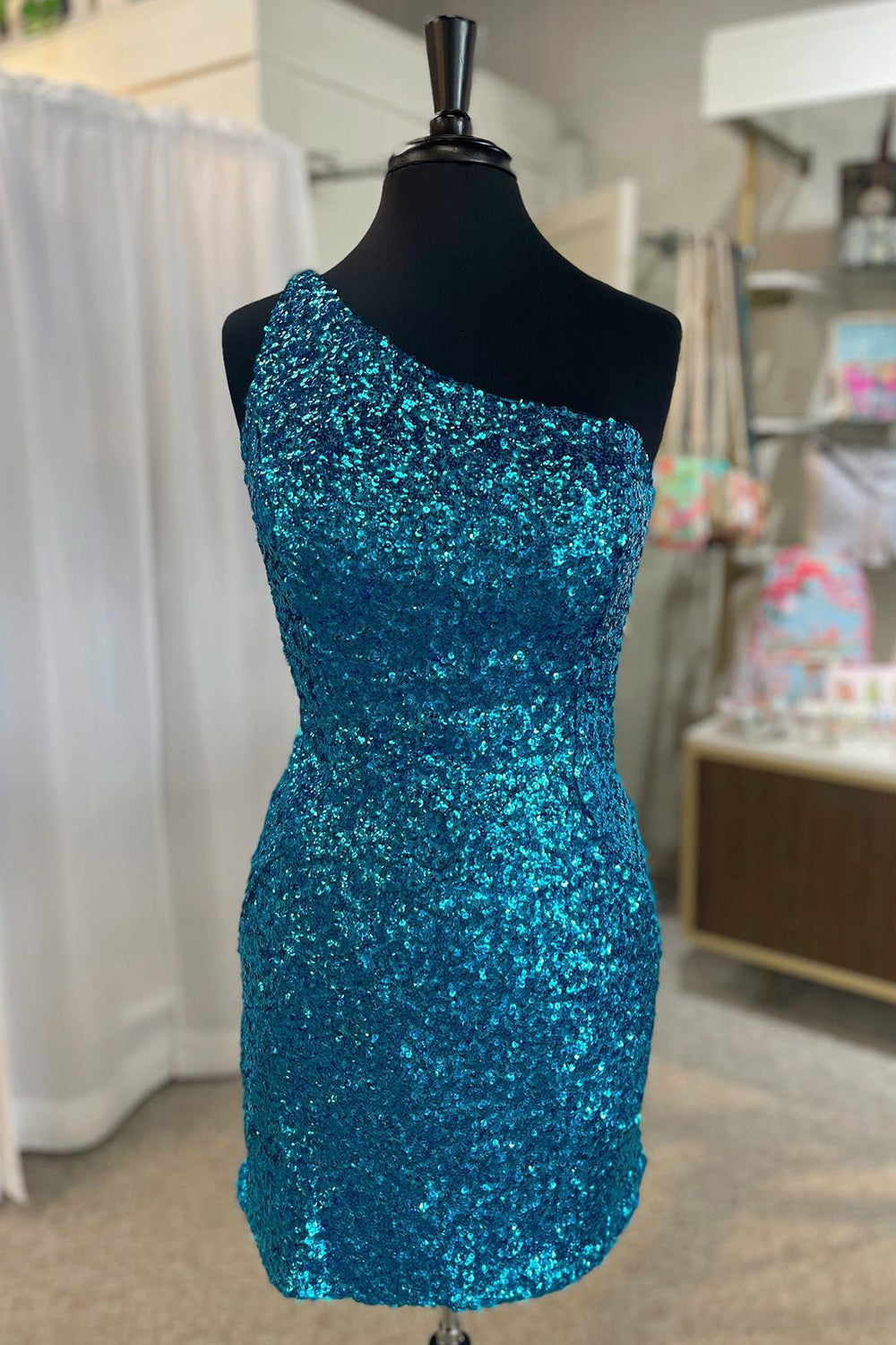 Sparkly Blue Sequined One Shoulder Tight Short Homecoming Dress