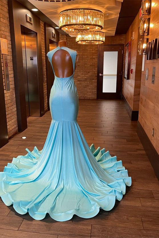 Blue Sleeveless Mermaid Evening Dress with Appliques and Rhinestones