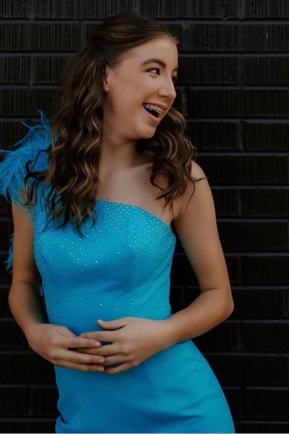 Sparkly Blue Sequined One Shoulder Tight Short Homecoming Dress with Feathers