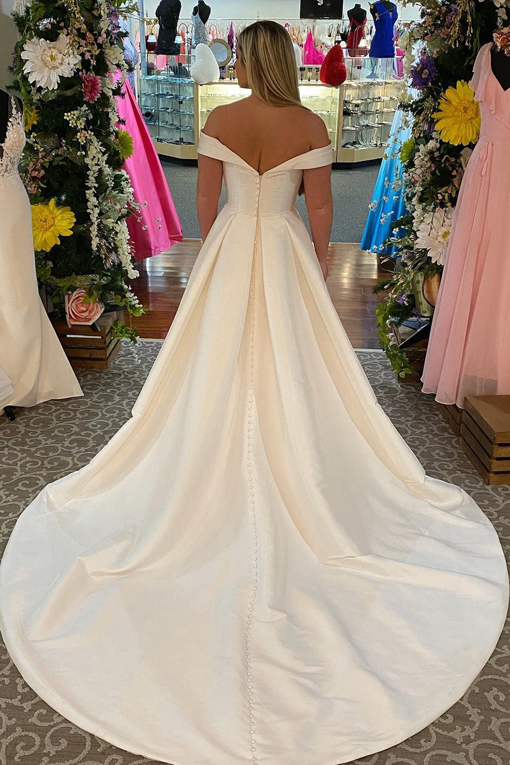 Modern Off-the-Shoulder White Corset Wedding Dress with Pockets