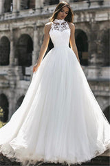 White High Neck Wedding Dress Tulle Lace A Line Bridal Dress