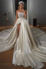 Ivory Wedding Dress Illusion Neck A Line Satin Bridal Dress with Beadings