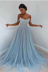 Light Blue Sequined Prom Dresses Off the Shoulder A Line Evening Dresses