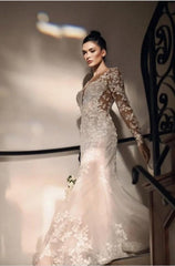 Ivory Mermaid Wedding Dress Long Sleeves Appliques Bridal Dress with Court Train