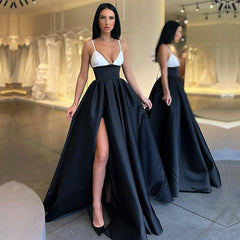 Elegant Spaghetti Straps Black And White Prom Dress Long With Slit