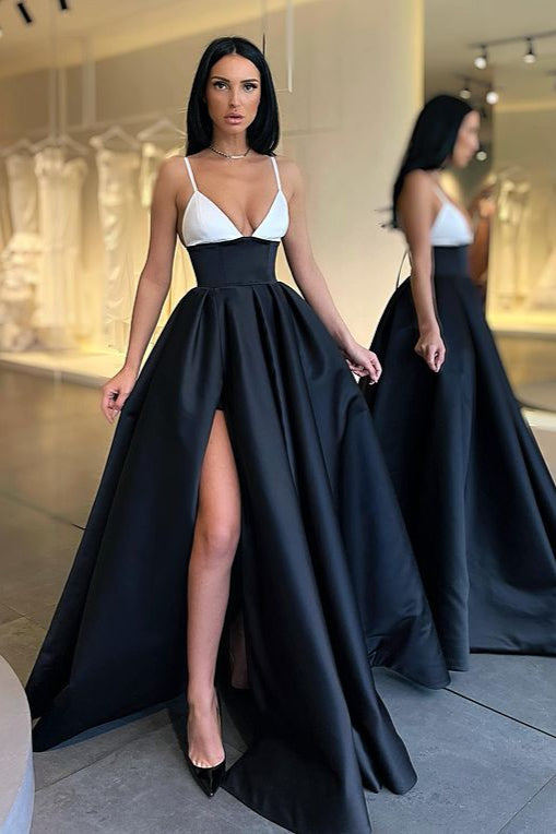 Elegant Spaghetti Straps Black And White Prom Dress Long With Slit