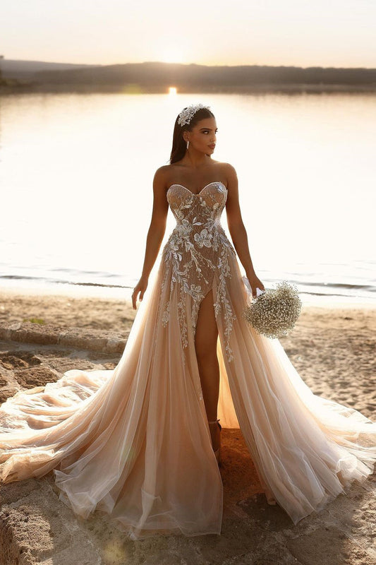 Champagne Wedding Dress Sweetheart A Line Beaded Tulle Bridal Gown with Appliques