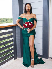 Green Mermaid Bridesmaid Dress Satin Wedding Guest Dress with Slit