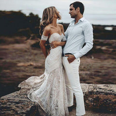 Ivory Beach Wedding Dress Sweetheart Mermaid Lace Boho Bridal Dress