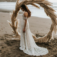 Ivory Beach Wedding Dress Sweetheart Mermaid Lace Boho Bridal Dress