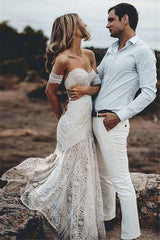 Ivory Beach Wedding Dress Sweetheart Mermaid Lace Boho Bridal Dress