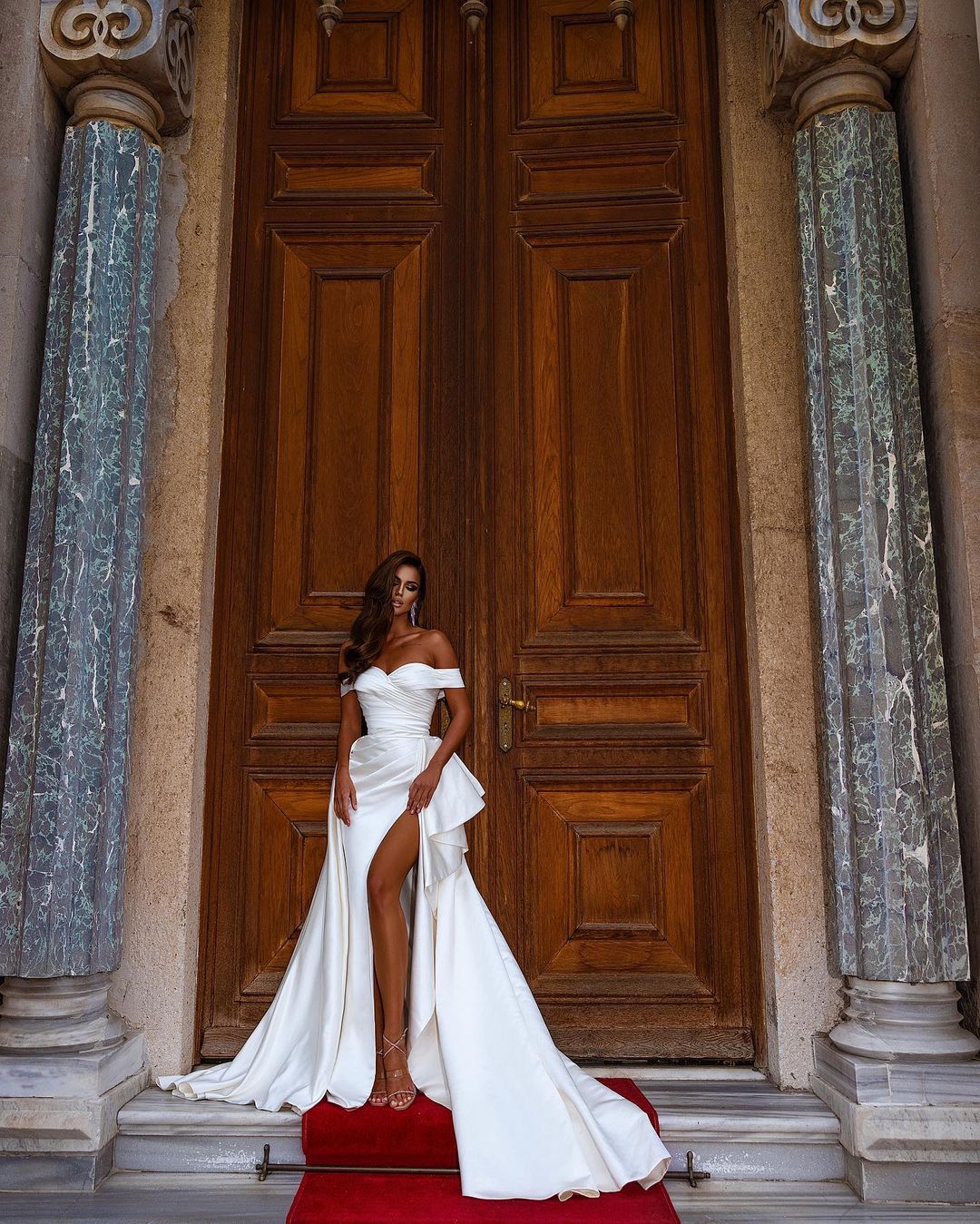 Off-the-Shoulder Satin Long Mermaid Wedding Dress with Slit