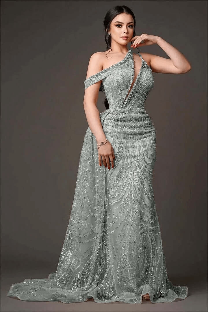Champagne Mermaid Prom Dress Asymmetric Neck Beaded Formal Dress