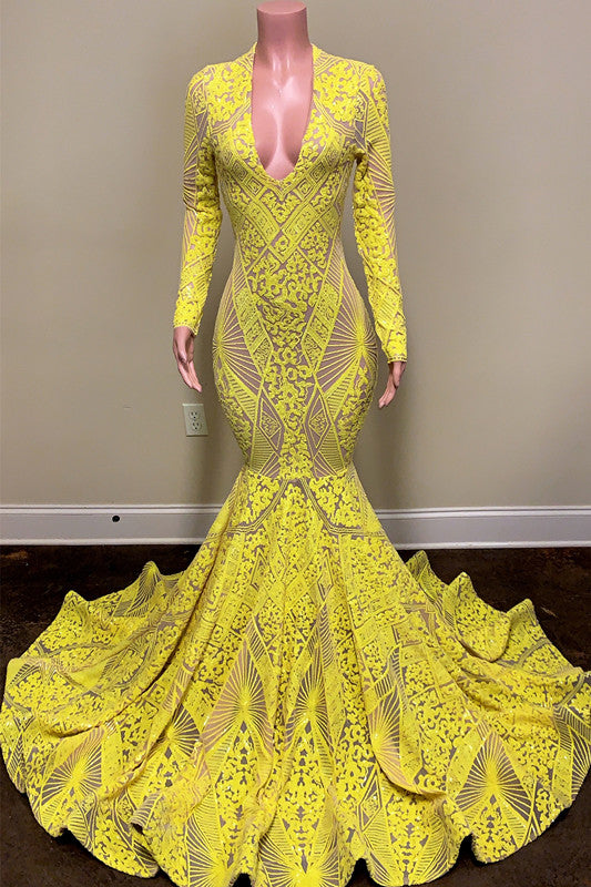 Evening Dress Yellow Mermaid Long Sleeves with Appliques