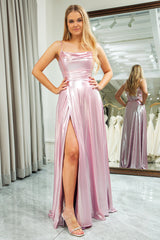 Sparkly Blush A Line Spaghetti Straps Long Prom Dress With Slit