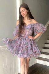 Cute Pink Off-the-Shoulder A-Line Printed Short Homecoming Dress