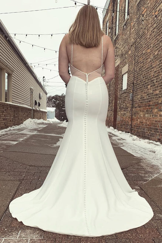 Stylish Mermaid Satin White Spaghetti Straps Long Plus Size Wedding Dress with Button