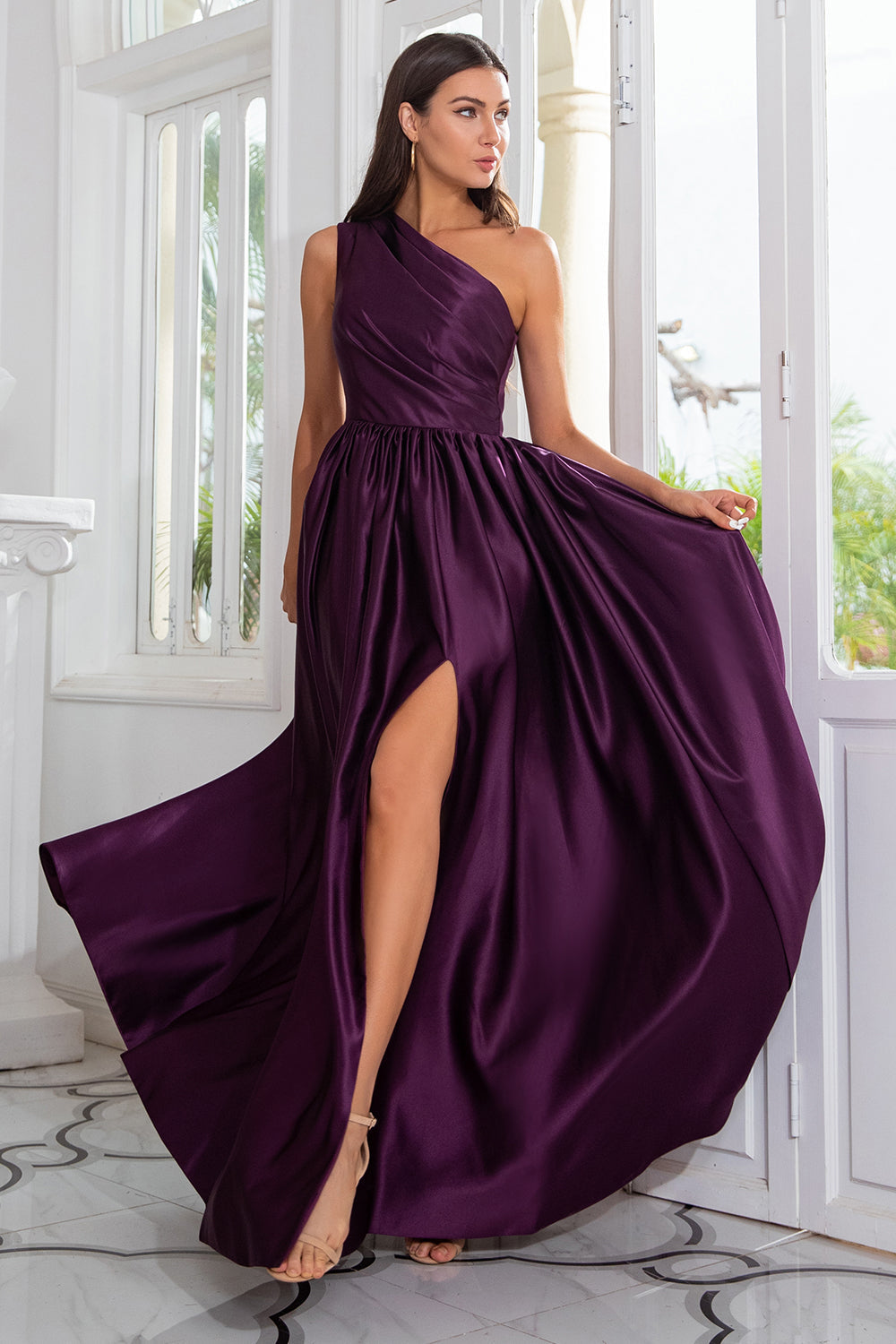 Purple One Shoulder A Line Prom Dress