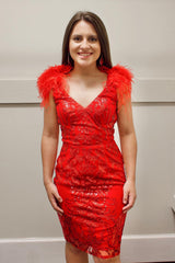 Sparkly Red Sequined Backless Tight Short Homecoming Dress with Feathers