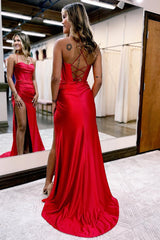 Hot Pink Spaghetti Straps Satin Mermaid Prom Dress with Slit