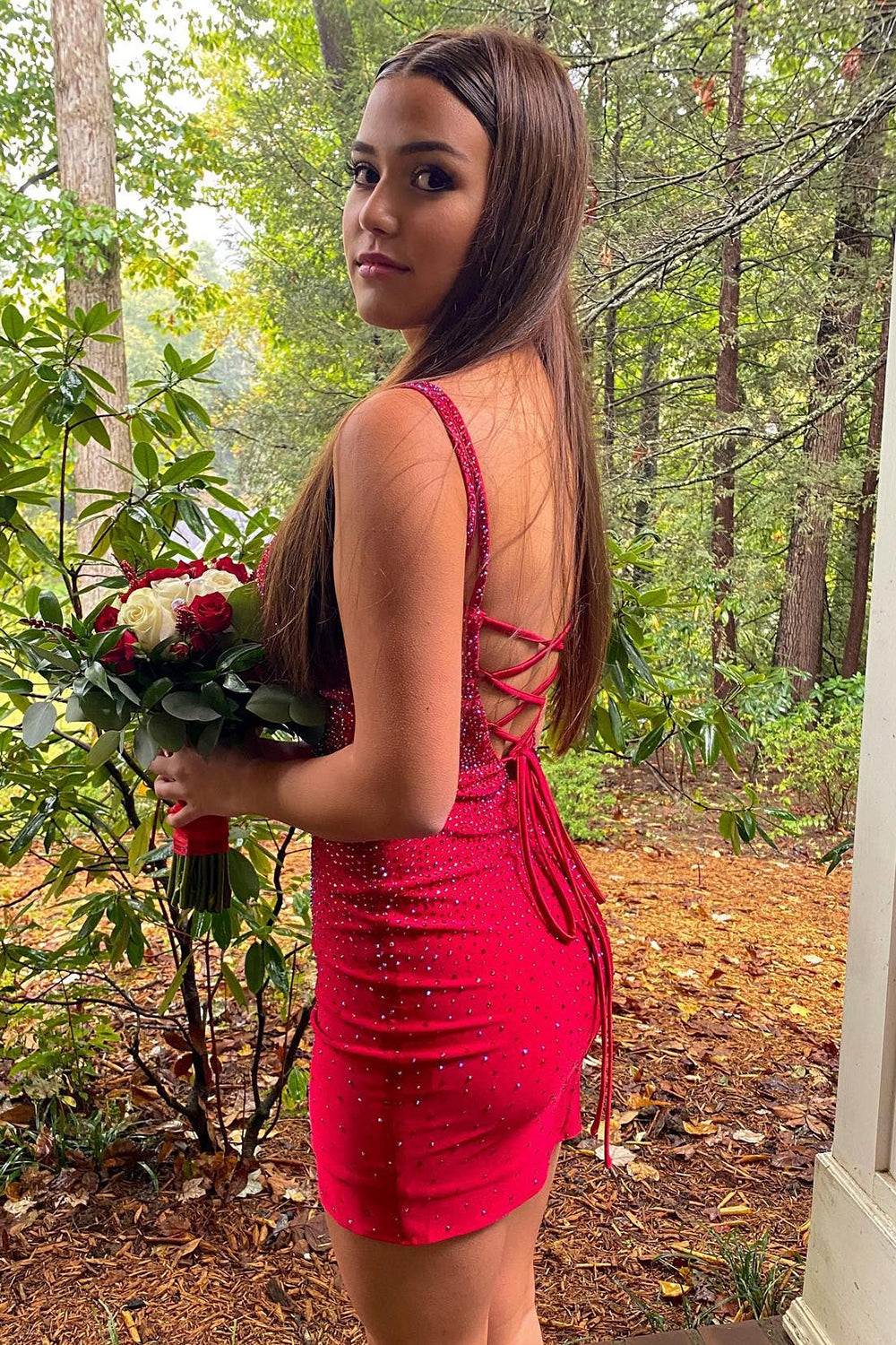 Sparkly Red Spaghetti Straps Beaded Tight Short Homecoming Dress