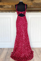 Sheath Spaghetti Straps Red Sequins Prom Dress with Split Front