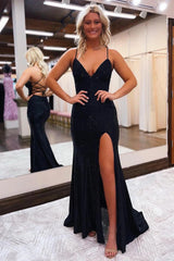 Sheath Spaghetti Straps Blue Sequins Long Prom Dress with Silt